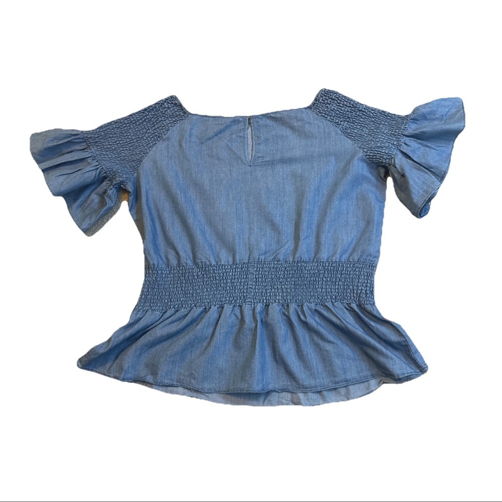 Ashley Stewart Smocked Peplum Stonewash Jean Blouse Flare Sleeve Fairy SZ 18/20 - Picture 4 of 16